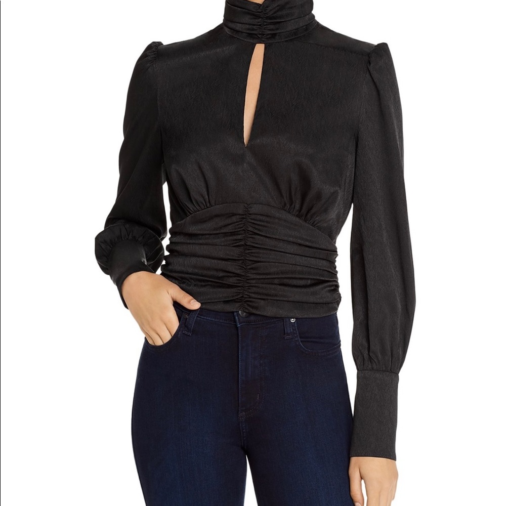 Wayf Black Ruched High-Neck Keyhole Blouse